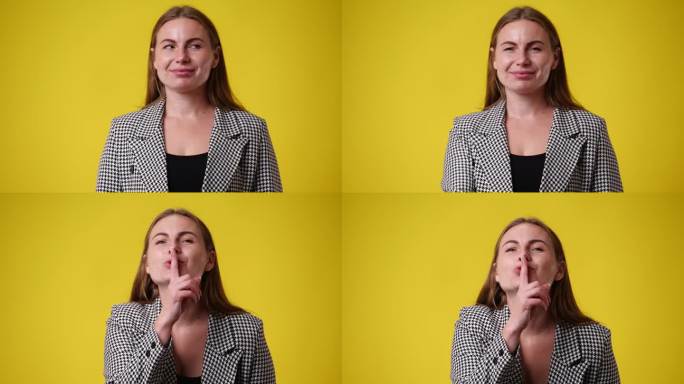 一段4k视频显示一名妇女在黄色背景上做沉默手势。