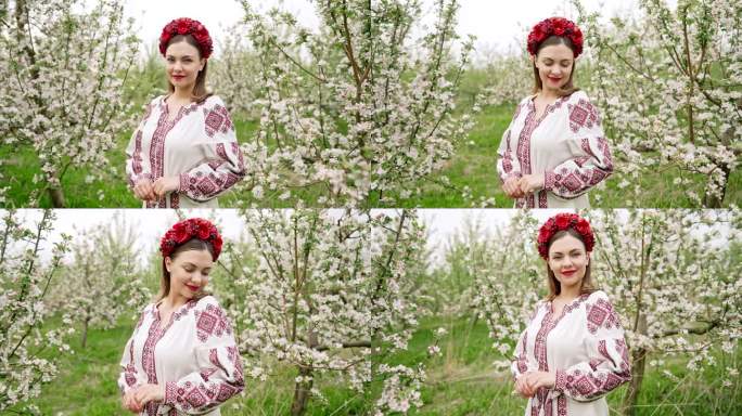 美丽的乌克兰女人在花园里的肖像。女孩身穿传统刺绣服装，头戴红色花环。乌克兰自由，春天，民族服饰，战争
