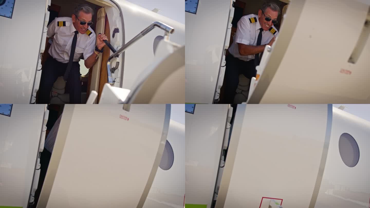 成年白人飞行员关闭私人飞机的大门