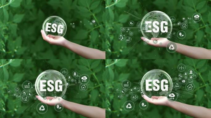 ESG图标概念。环境、社会和治理。拯救地球在人类手中绿色背景。