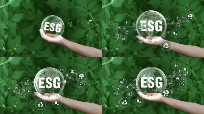 ESG图标概念。环境、社会和治理。拯救地球在人类手中绿色背景。