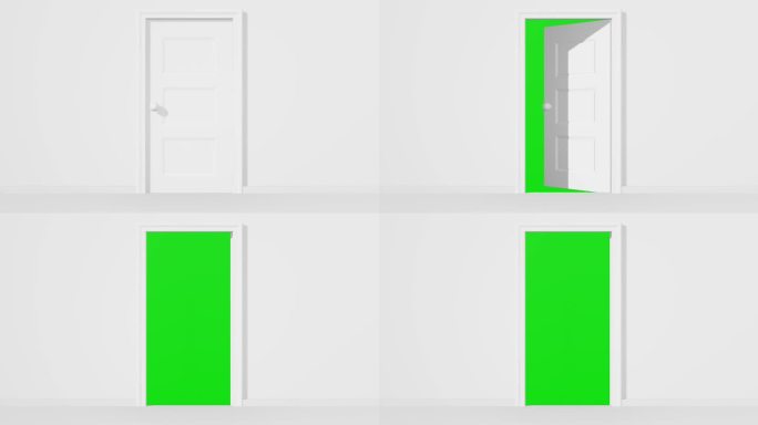 开门向外，门后绿幕，白开门带绿幕传送门，4K开门绿幕动画，3D渲染