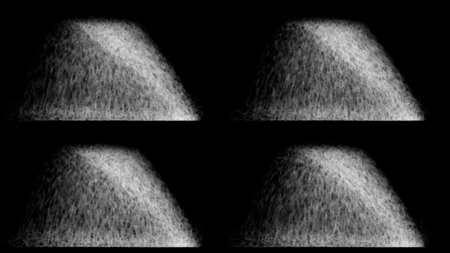 瀑布效果正面视图大尺寸强大的反弹右手和纯白的水在黑色的屏幕上