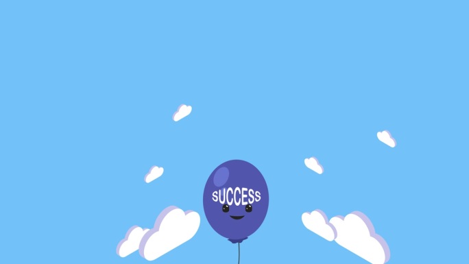 成功的商人带着蓝色气球和快乐的表情符号飞行