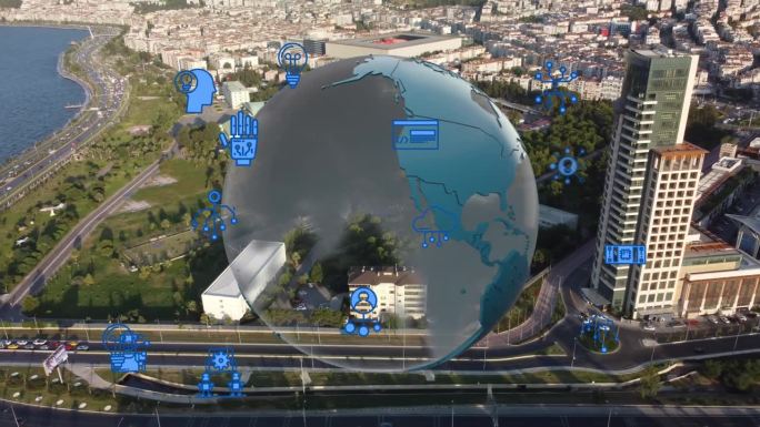 智慧城市IOT物联网ICT数字技术未来，自动化管理智能数字技术VPN网络安全电力能源可持续的虚拟城市