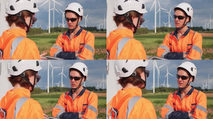 机械工程师向团队解释风力发电机的机制过程。团队合作是可再生能源领域卓越表现的基石。技术员倾听并推动风