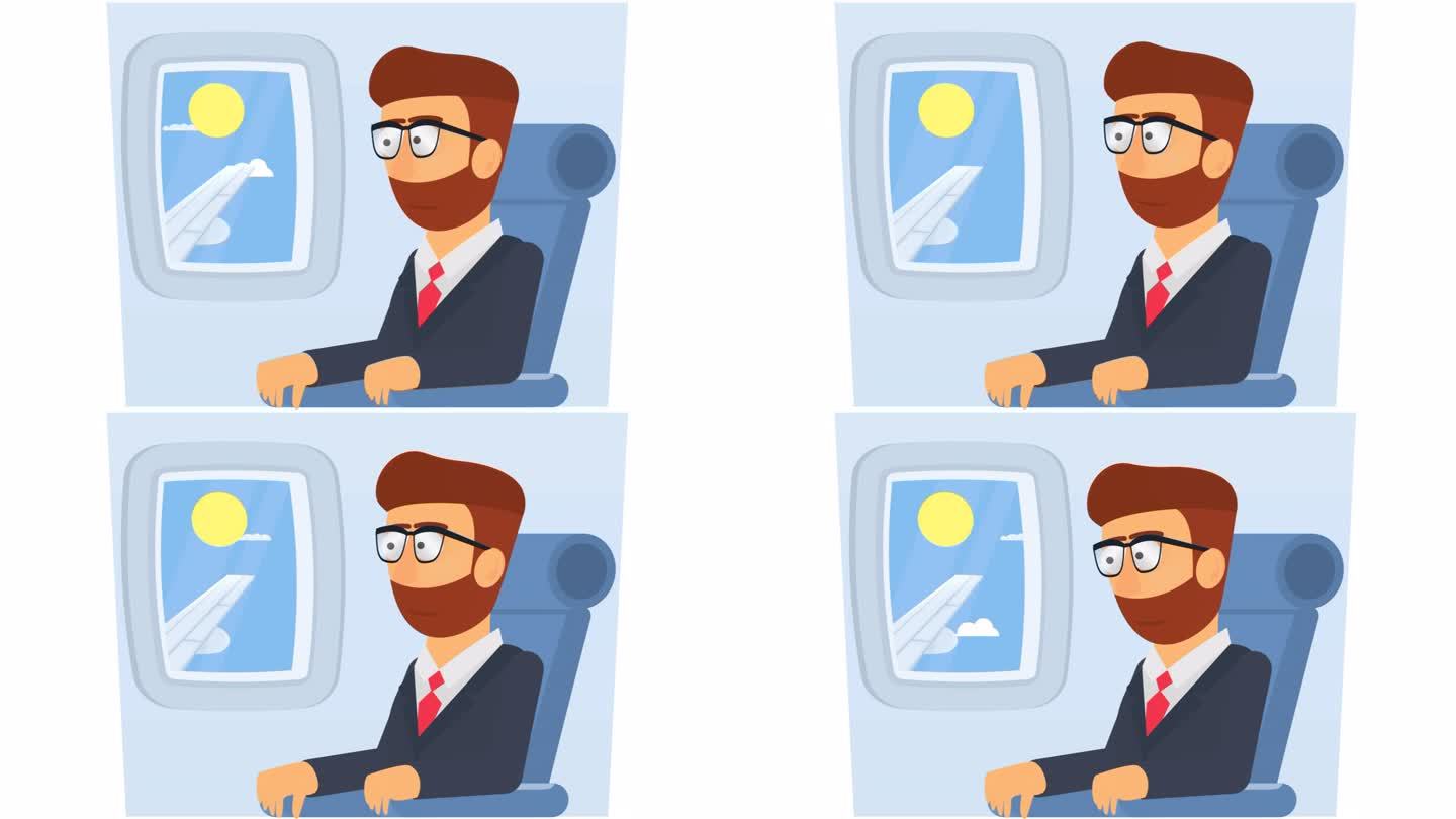 飞机上的人。动画乘客旅行者。卡通