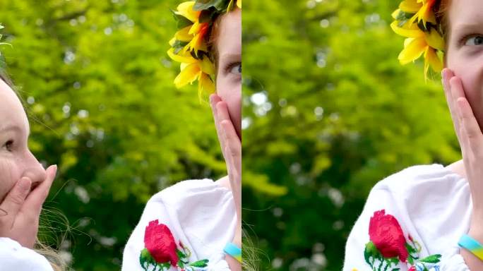 美丽的年轻女孩青少年张开嘴笑美丽的刺绣衬衫花环向日葵经典传统乌克兰刺绣庆祝活动在婚礼前的性质