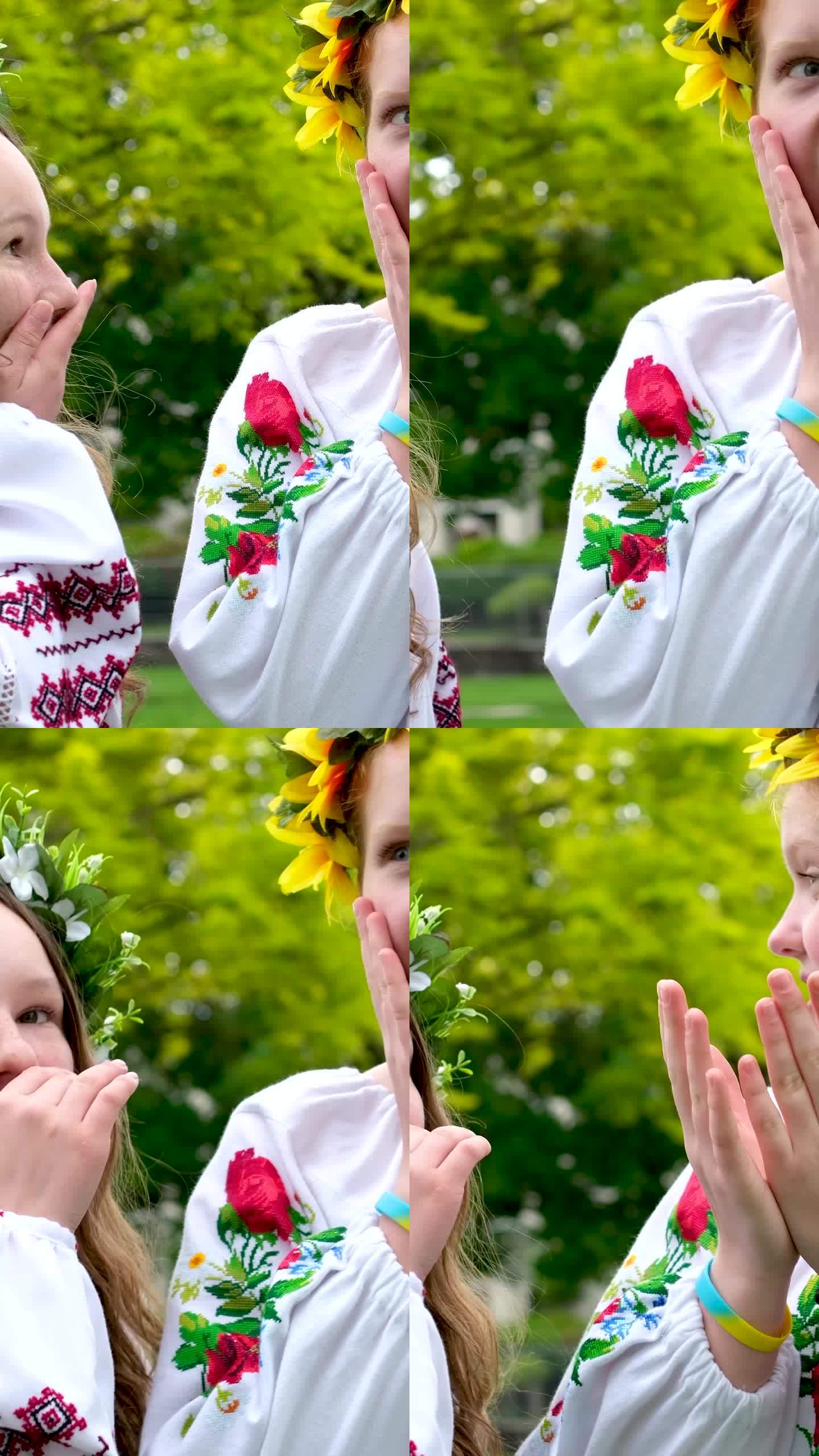 美丽的年轻女孩青少年张开嘴笑美丽的刺绣衬衫花环向日葵经典传统乌克兰刺绣庆祝活动在婚礼前的性质