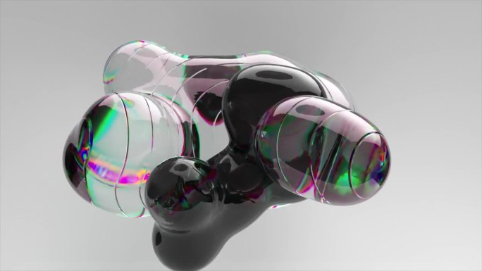 黑色液体在抽象背景上的透明凝胶凝块内移动。彩虹。气泡3d动画无缝循环