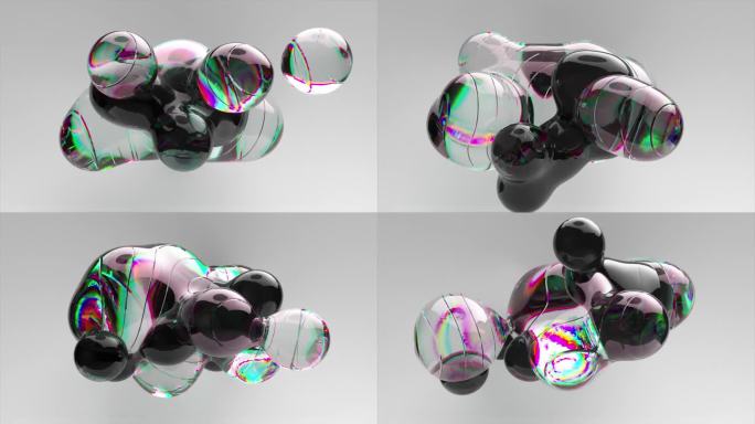 黑色液体在抽象背景上的透明凝胶凝块内移动。彩虹。气泡3d动画无缝循环