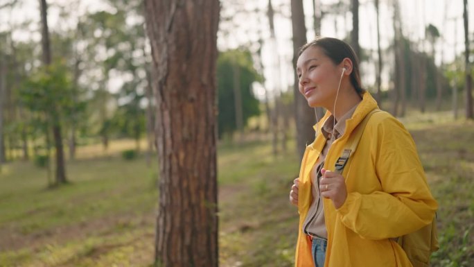 穿过森林的女人背包户外野外登顶攀登徒步