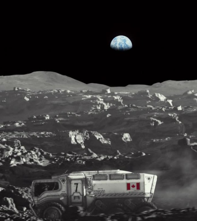 月球的太空殖民。放大带着加拿大国旗的月球车探索月球表面的垂直视频