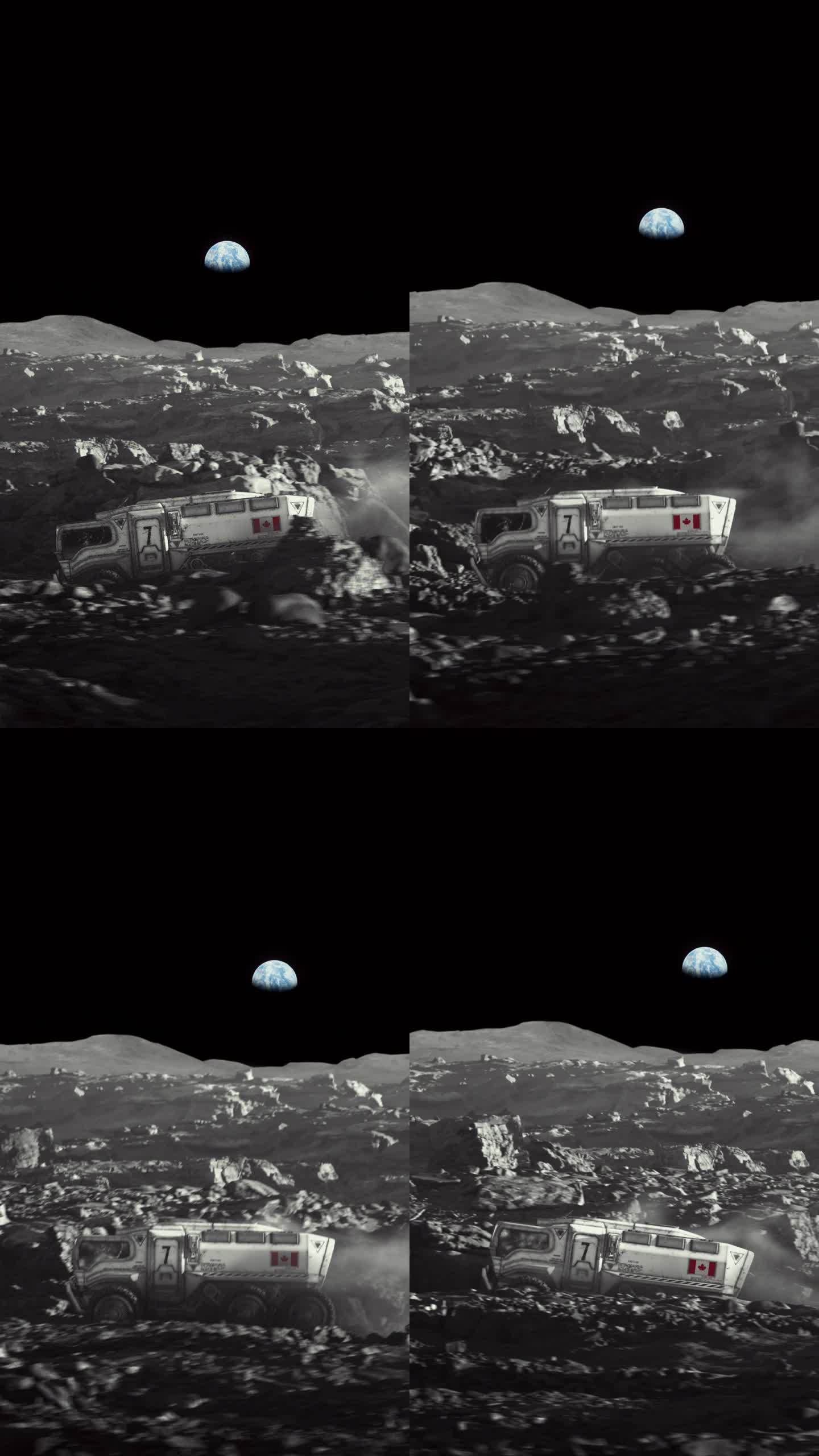 月球的太空殖民。放大带着加拿大国旗的月球车探索月球表面的垂直视频