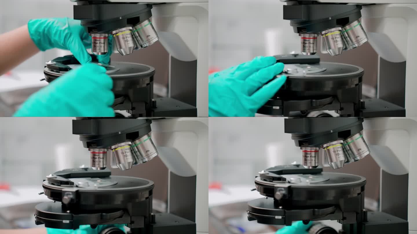戴着防护手套的研究人员一边操作光学显微镜，一边将玻璃片插入设备，并调整设备的焦距透镜，以便检查微小的