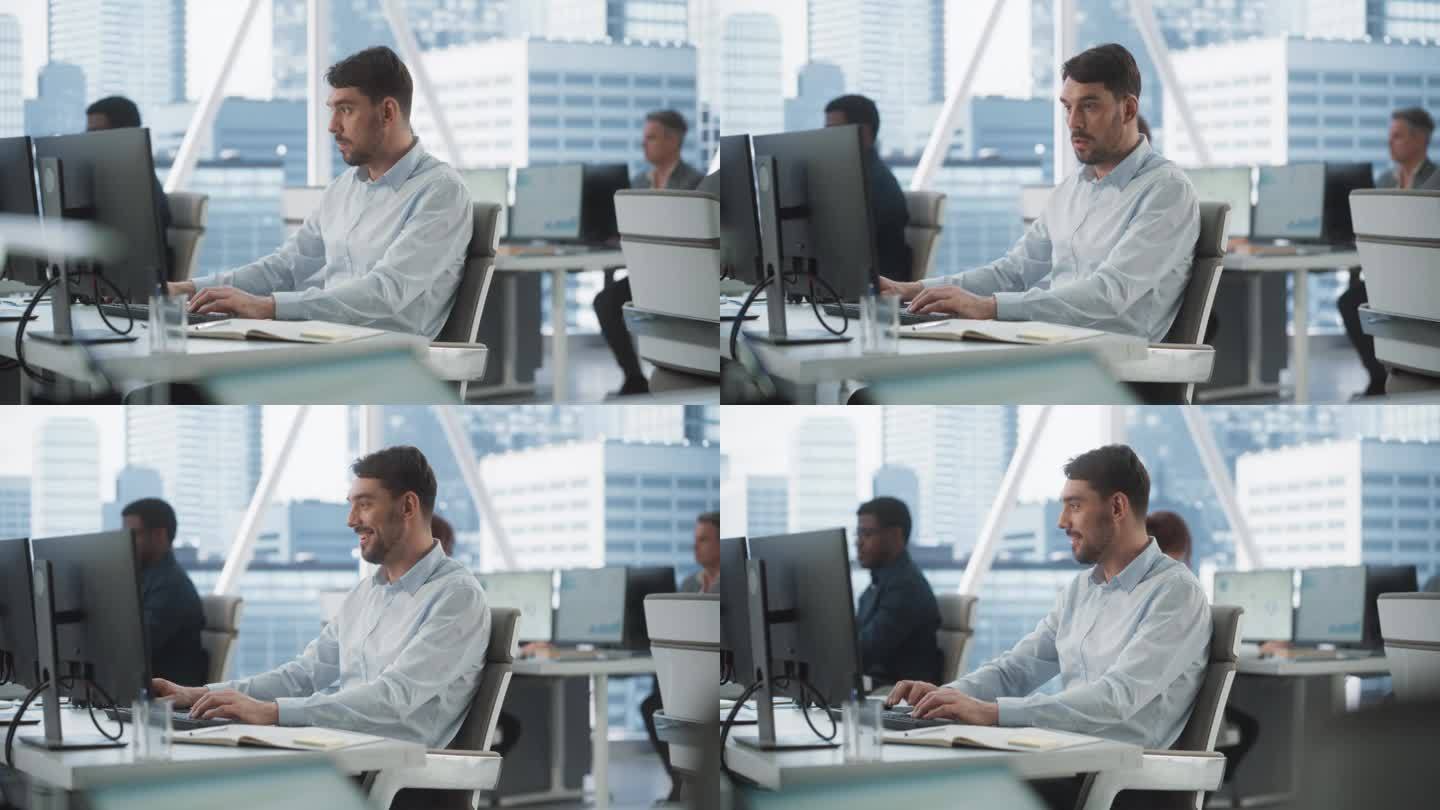 快乐的男性销售经理在不同的公司办公室的台式电脑上打字，拥有大都市的窗口视图。为电子商务公司完成一笔大