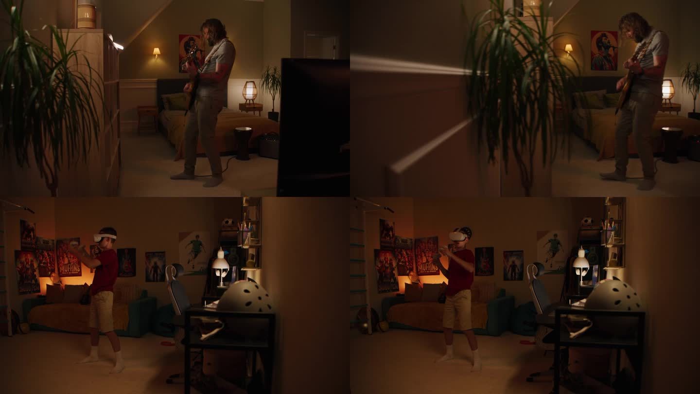 音乐家在卧室里弹电吉他。镜头移到戴着VR头盔的小男孩身上。