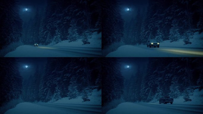 夜晚雪山路上的汽车