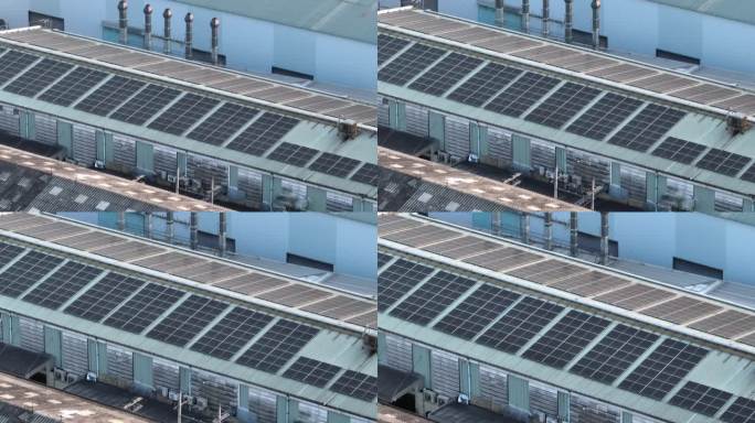 工厂屋顶上的太阳能电池板鸟瞰图