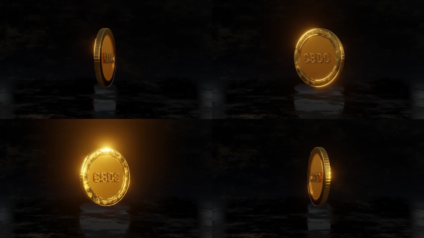深色背景下CBDC硬币的3D循环动画，代表数字货币的未来