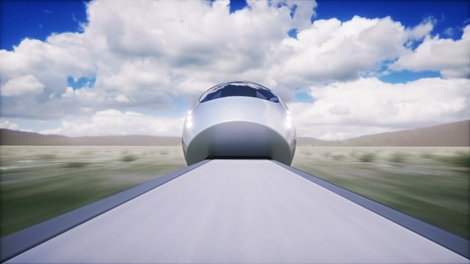 未来的火车。开得非常快。间隔拍摄云。未来的概念。
