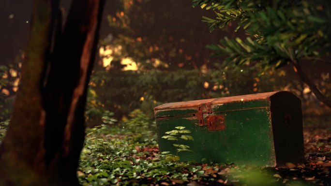 幻想森林里被遗弃的宝箱。萤火虫和环境CGI视频
