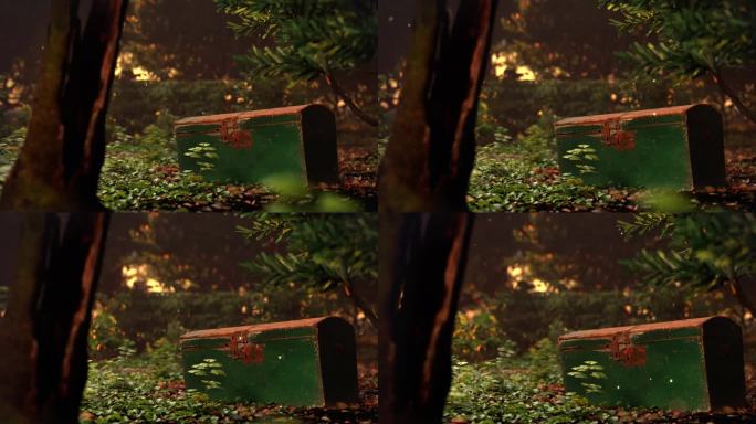 幻想森林里被遗弃的宝箱。萤火虫和环境CGI视频