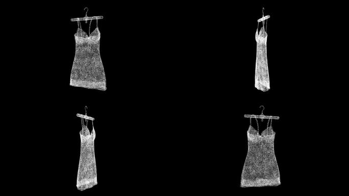 3D服装与衣架旋转黑色bg。产品展示概念。把Nightie放在架子上。商业广告背景。闪闪发光的粒子。