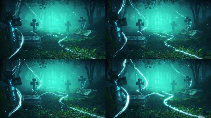 奇幻和神奇的墓地与精灵动画与萤火虫。CGI童话和环境循环视频。