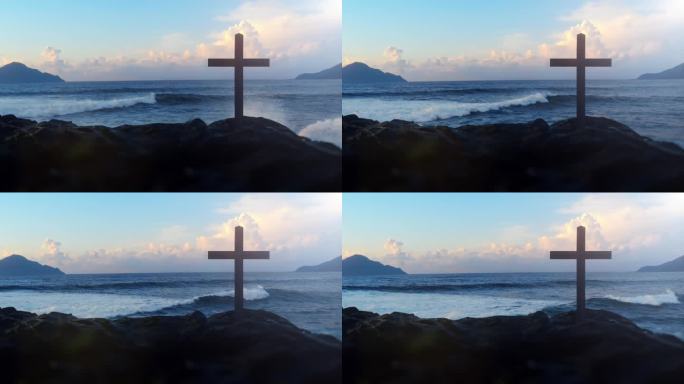 基督十字教堂坐落在大海中央的一个小岛上。循环动画概念的信仰，权力，崇拜，基督教和复活节