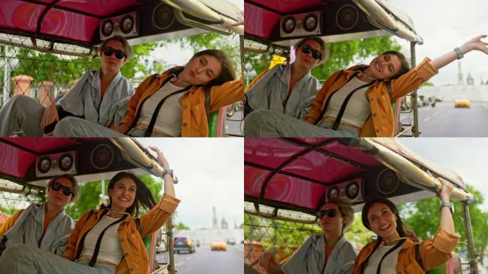 年轻夫妇在曼谷第一次骑嘟嘟车时兴奋不已。