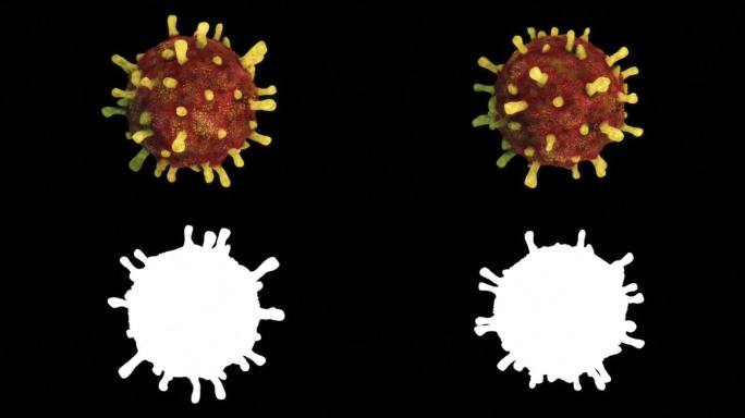 旋转病毒模型的3D动画。显微镜下的细菌、病毒或病菌。医学科学概念。亮度无光。