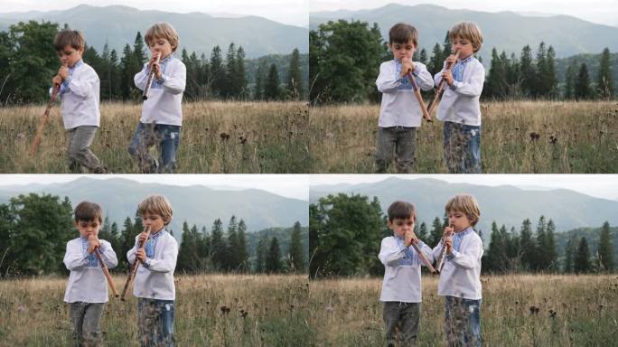 二重唱民乐概念。孩子们穿着传统的刺绣衬衫。小男孩在喀尔巴阡山脉的草地上演奏木管木笛-乌克兰索皮卡。