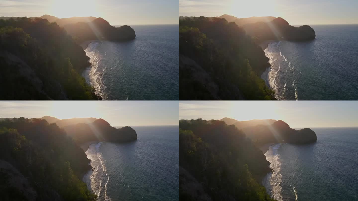 加勒比海悬崖上美丽的日落。委内瑞拉海岸上空最棒的无人机飞行，4K视频。夕阳的颜色。