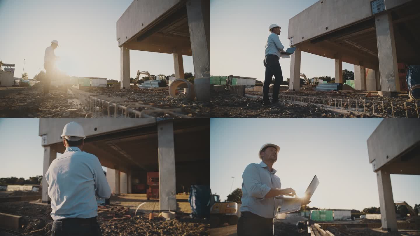 拿着笔记本电脑的男建筑工人抬头看着在建的建筑