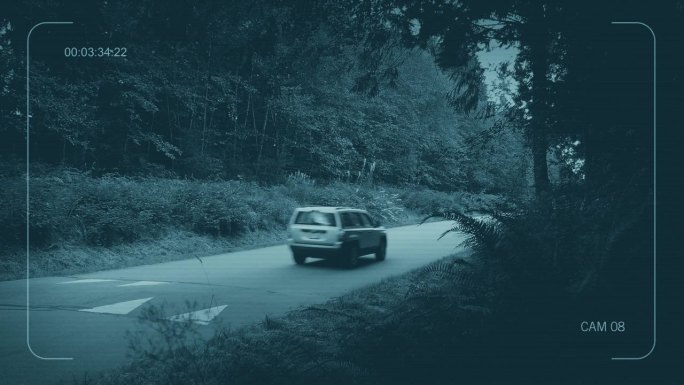 闭路电视汽车穿过森林地区