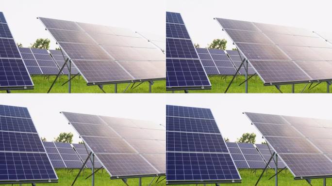 天空背景上的太阳能电池板。太阳能发电厂。蓝色太阳能电池板。电力的替代来源。太阳能农场
