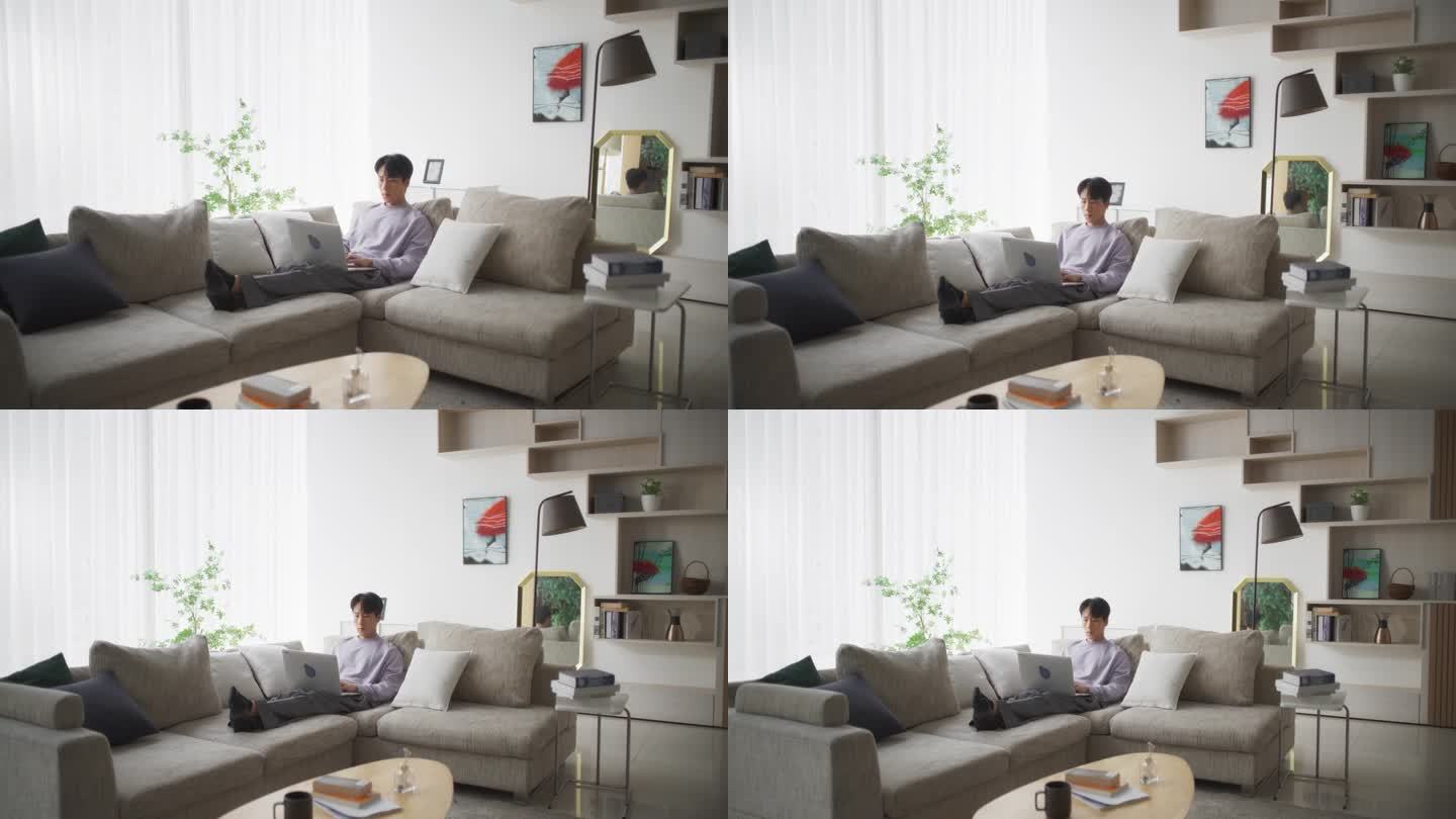年轻英俊的亚洲男性在家里上网，用笔记本电脑，坐在客厅的沙发上在社交媒体市场上网购电子产品