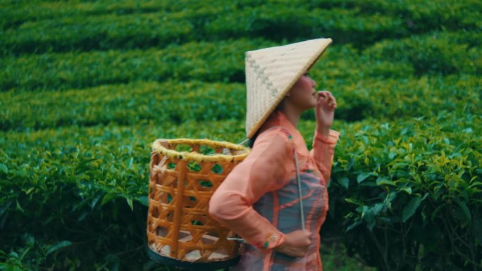 一位采茶工人提着竹篮走进茶园