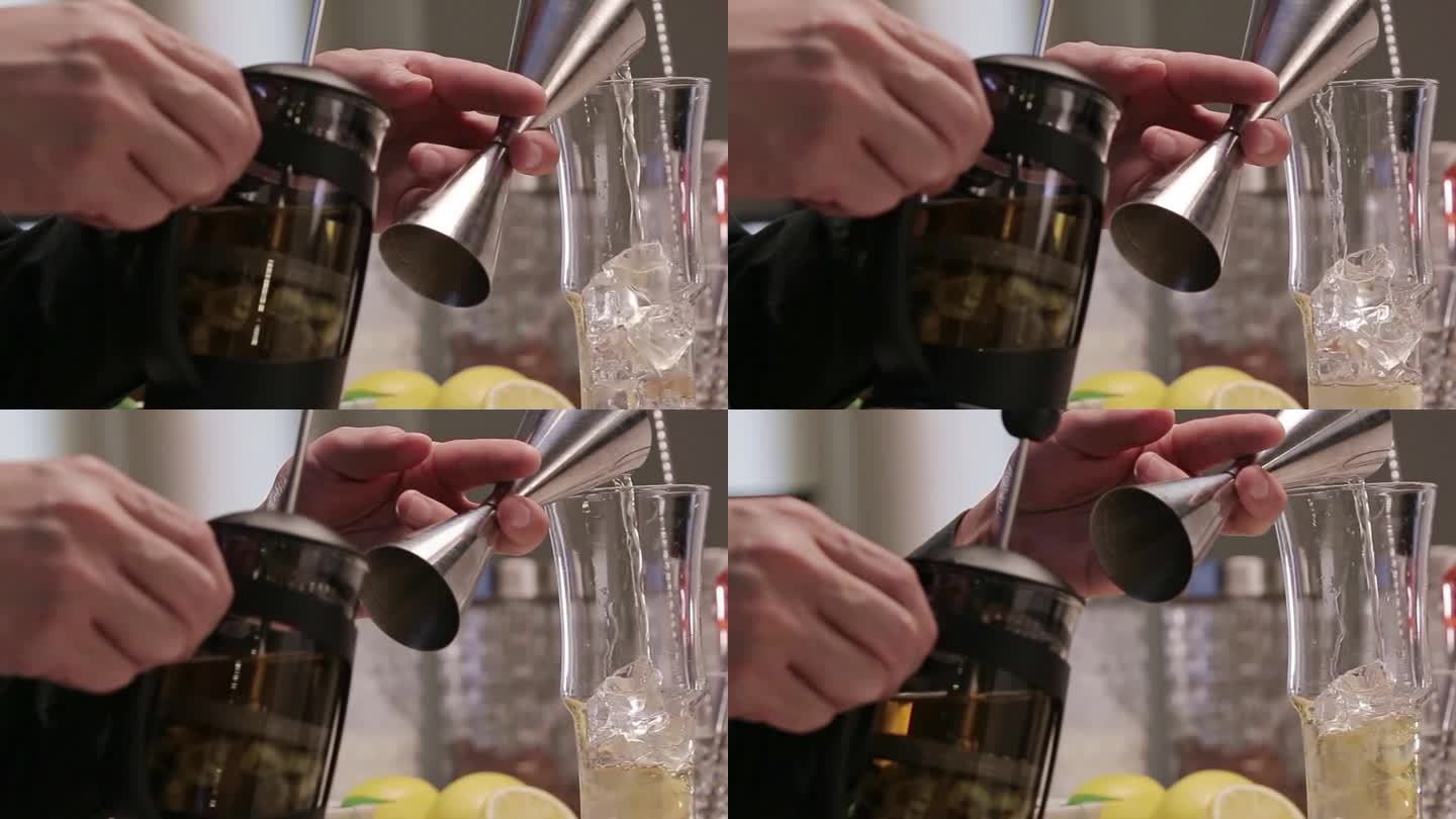 将液体从搅拌器倒入玻璃杯