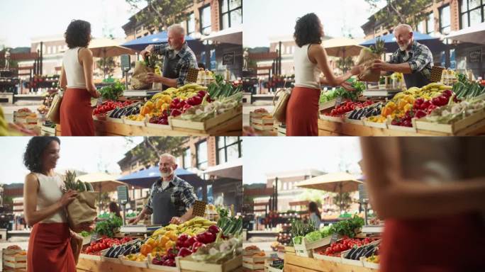 一个快乐的老街头小贩的肖像包装一个纸袋新鲜的有机蔬菜为一位女购物者。多民族妇女在农贸市场购买可持续的