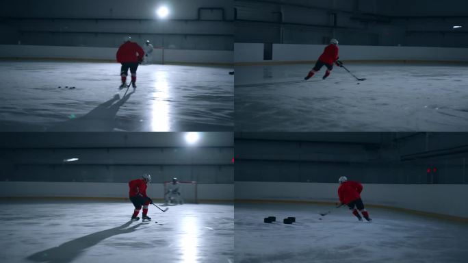 动感十足的视频，一名身穿红色球衣的冰球运动员在冰场上努力训练，展示了他令人难以置信的技术，并打进了一