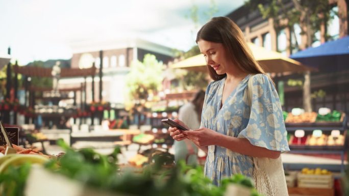 穿着浅蓝色衣服的顾客正在购买新鲜的时令水果和蔬菜，用智能手机浏览互联网和社交网络。美丽的女人在温暖的