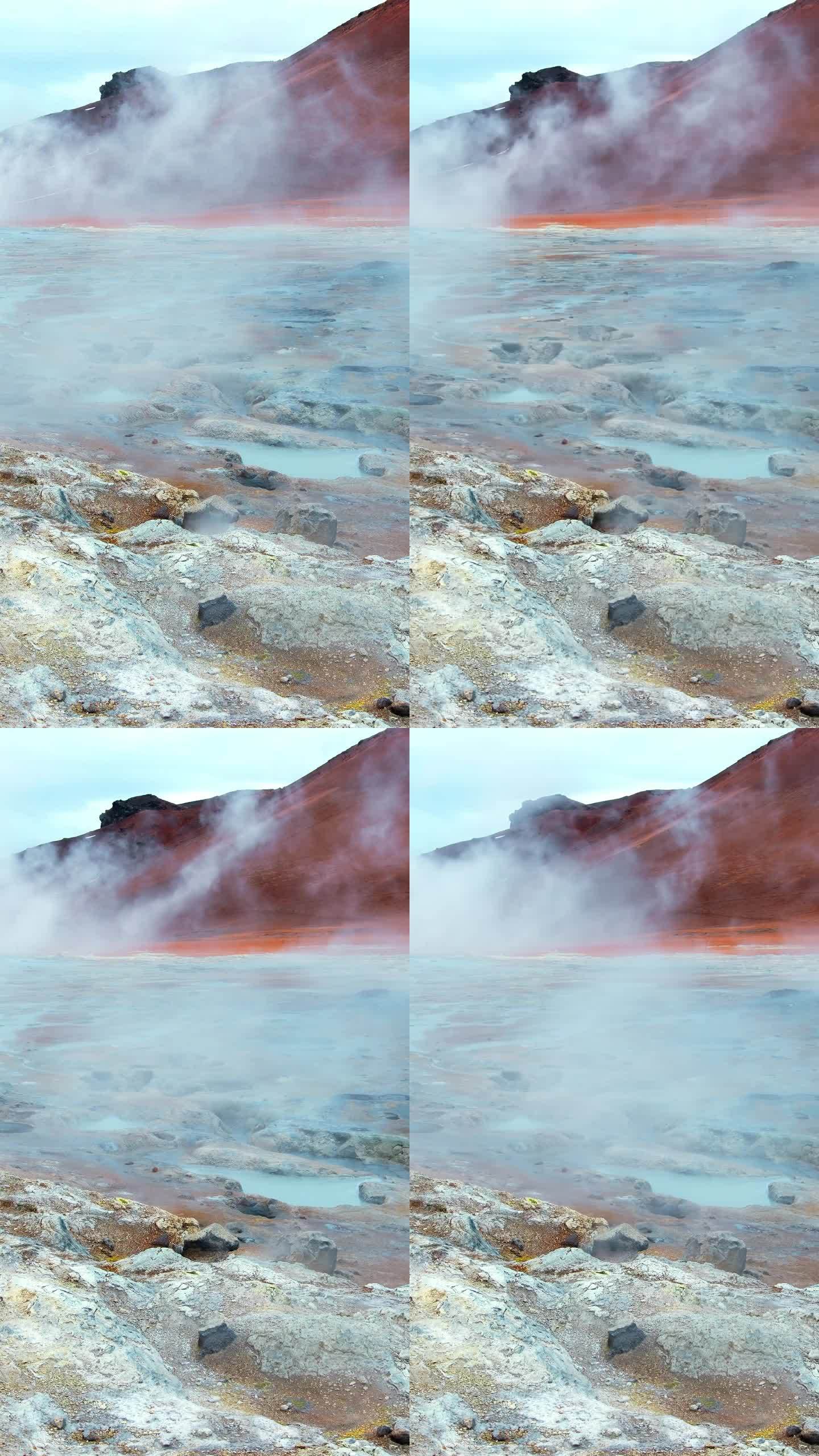 竖屏:冰岛地热区。硫磺谷的火星景观。著名的旅游景点Hverir。Myvatn湖附近真正的火山活动。社