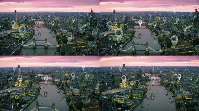 一个智慧和未来城市的鸟瞰图。著名的桥梁和建筑。伦敦的本地化图标。完美地说明概念:数据通信，人工智能，