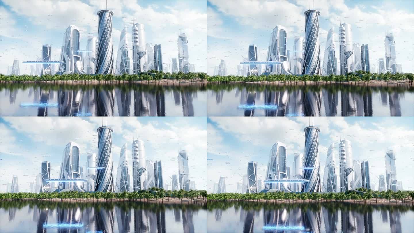 未来城市日。科幻建筑和建筑。未来的概念。逼真的4k动画。