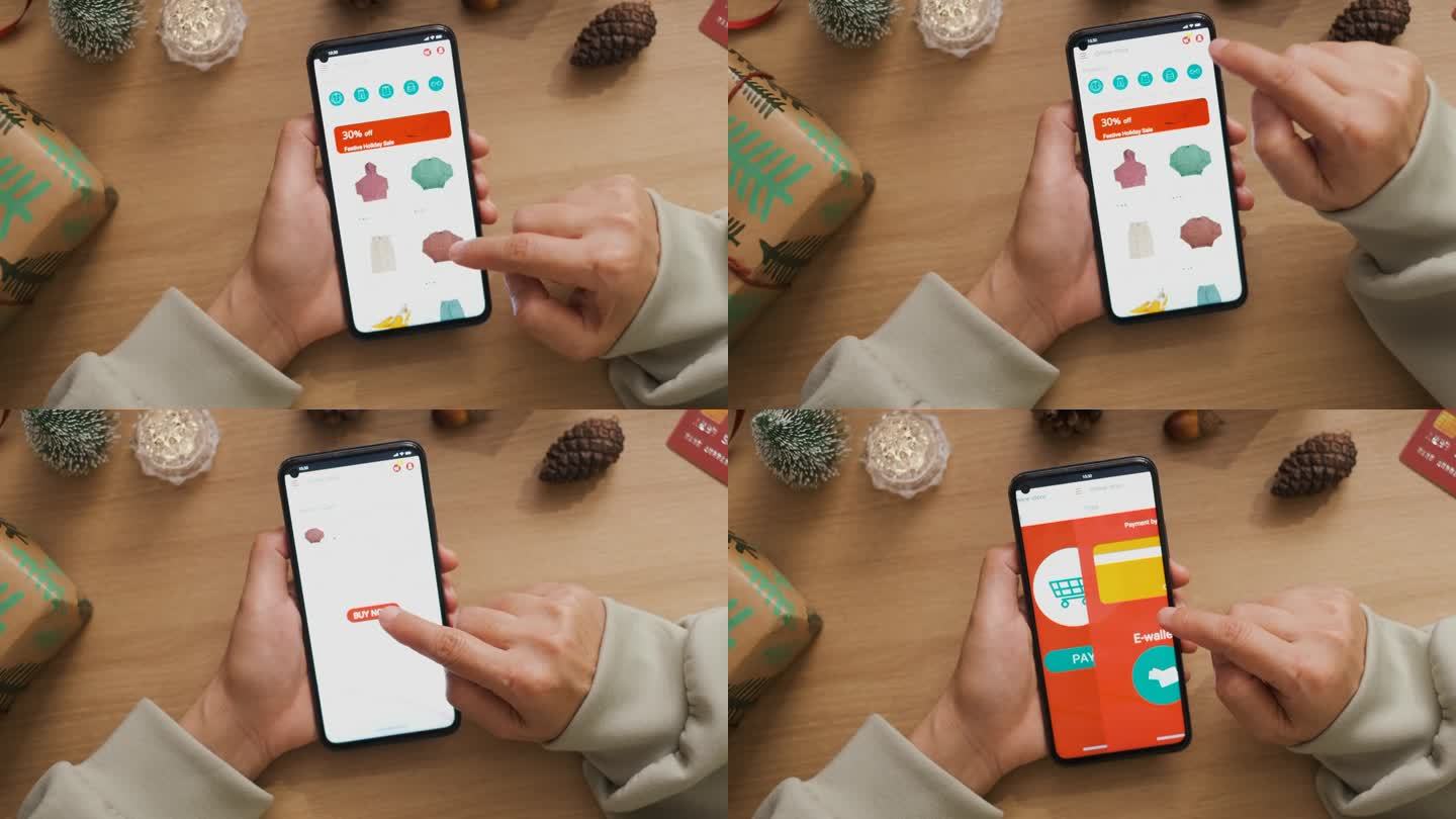 俯视图女子在节日佳节用手机网购圣诞礼物