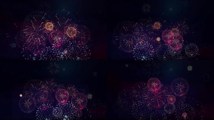 4K真正的彩色烟花表演节日在天空中显示散景灯在夜空中。