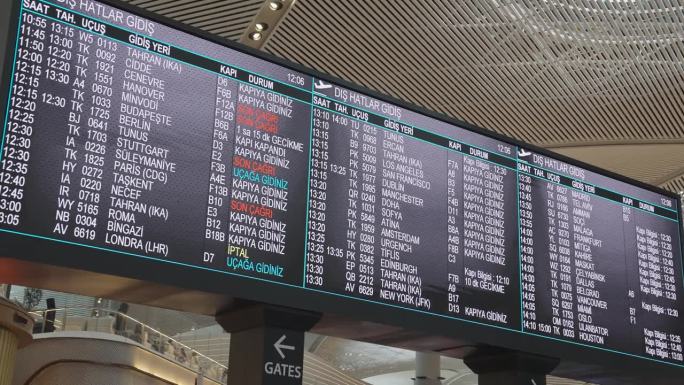 国际机场航班信息板的4K画面。镜头移到国际航班时刻表。