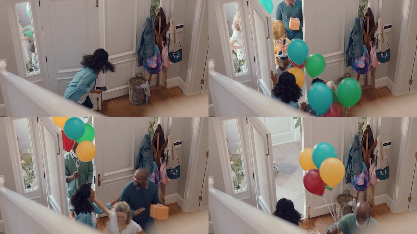 有趣的生日派对，妈妈打开门，快乐的孩子们带着气球在屋里跑，兴奋地庆祝4k